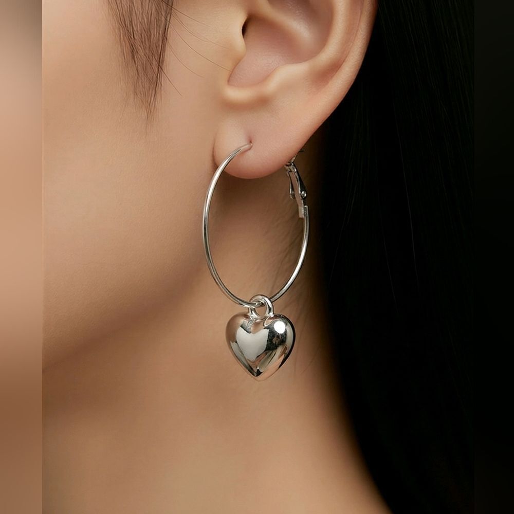 Silver Heart Hoop Earrings 38mm Polished Puff Heart Dangle Leverback Romantic